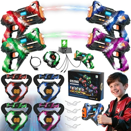 Huge Wave Shooting Tag Set of 4 with Vests & Back Receiver Rechargeable Infrared Blasters Indoor & Outdoor Family Games Teens Group Activity Birthday Gift for Kids Ages 6-12