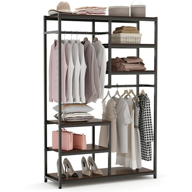 Tribesigns Free Standing Closet Organzier Double Hanging Rod Clothes Garment Racks With Storage Shelvels Heavy Duty Metal Closet Storage Clothing Shelving For Bedroom Capacity 300 Lbs Espresso Walmart Com Walmart Com