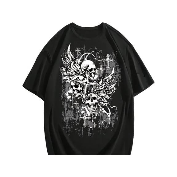 Men's Gothic Skull Wing Cross Grunge Graphic T-Shirt