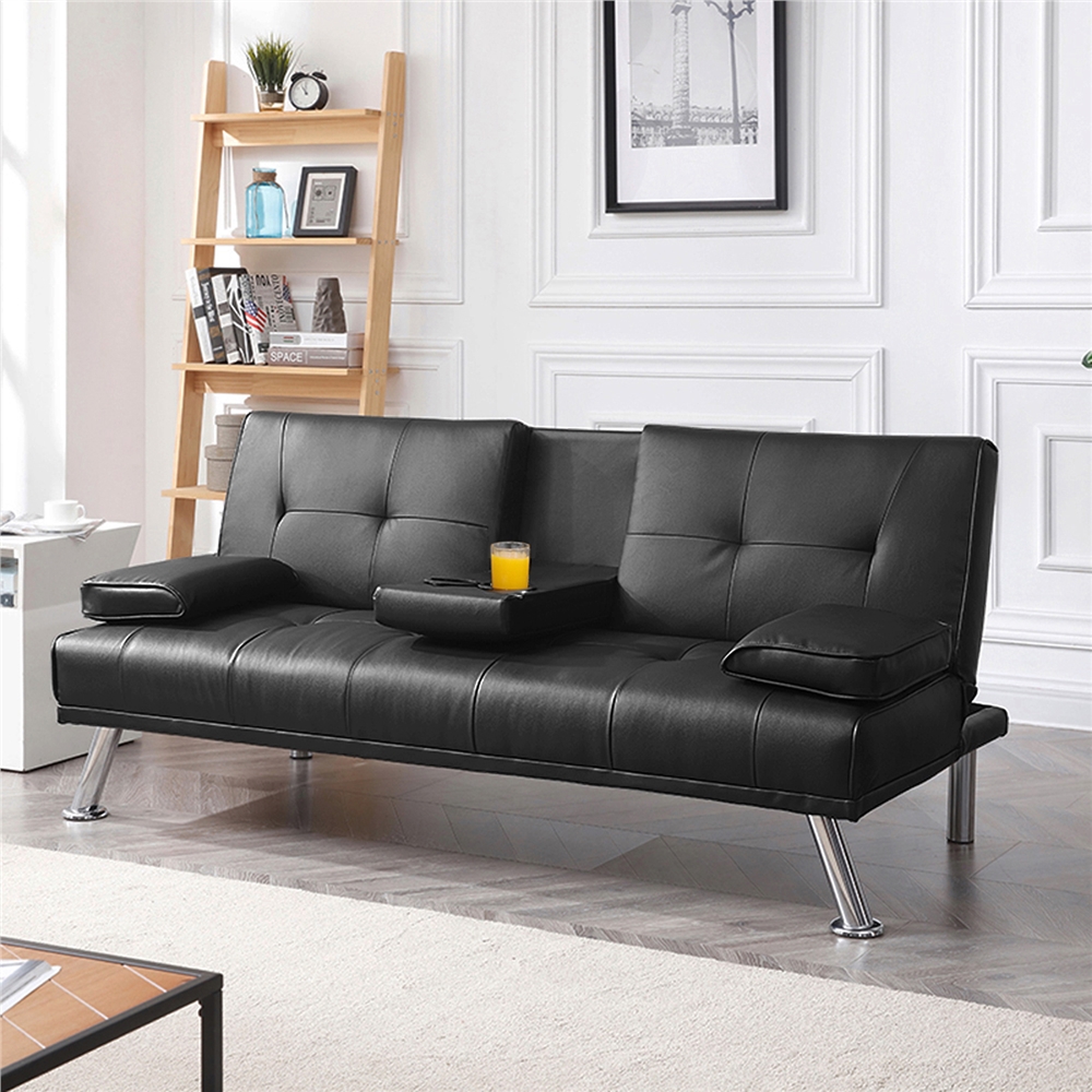 Easyfashion LuxuryGoods Modern Faux Leather Futon with Cupholders and Pillows, Black - image 3 of 15