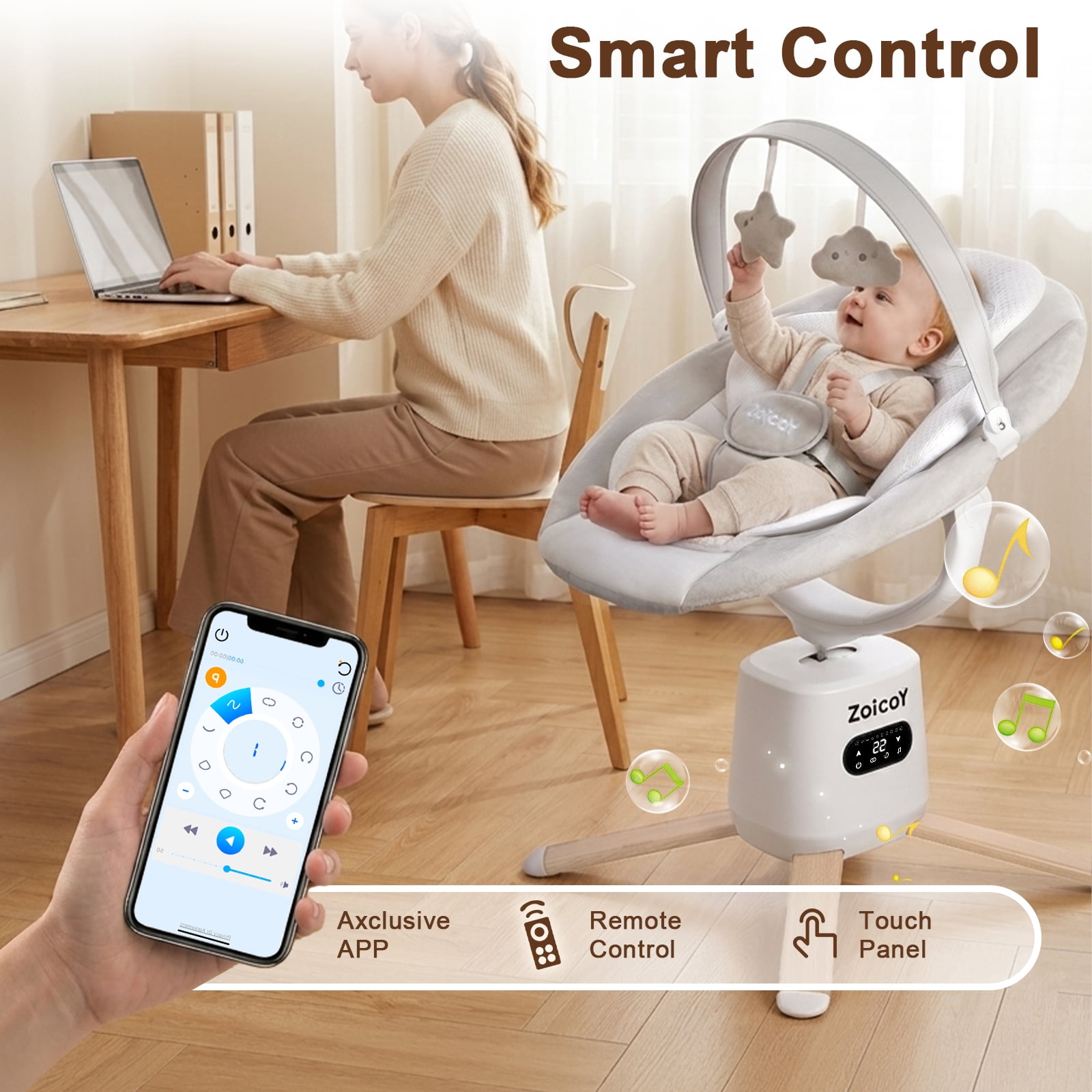 Zoicay Baby Swing, Infant Swing with 8 Motions & 8 Speeds, 360° Rotating Seat, Bluetooth Music & 6 Preset Melodies, APP Remote Control, White