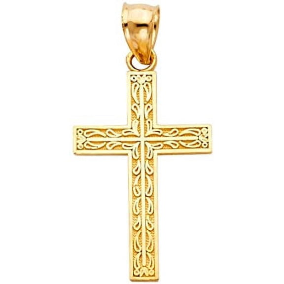 TGDJ 14K Real Yellow Gold Embossed Cross Pendant Charm Religious