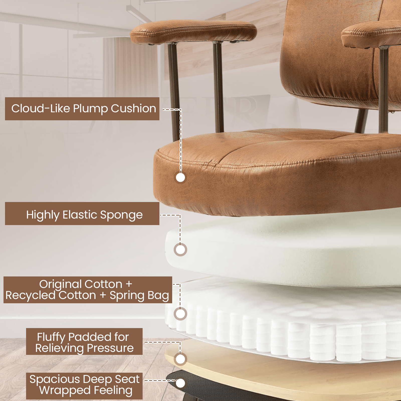 AVAWING Mid Century Modern Fabric Office Chair, Upholstered Desk Chair with Armrests, Brown(Brown Frame)