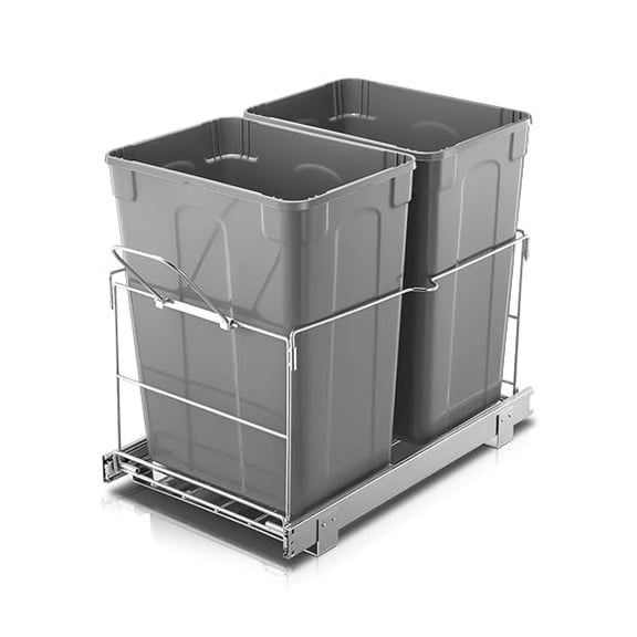 Pull Out Trash Can Under Cabinet, 35 QT Double Under Sink Trash Can Waste Container with with Wire Bottom Mount and Handle, Heavy Duty Garbage Recycling Bin for Kitchen Cabinet, Sink