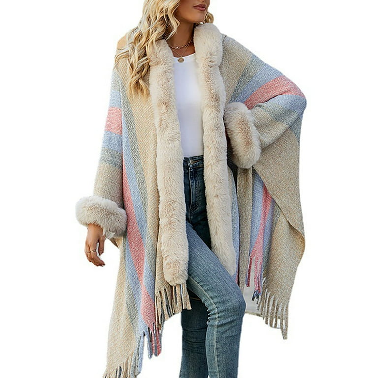 Lovskoo 2024 Hooded Shawl Wrap Women Cape Winter Faux Fur Trim