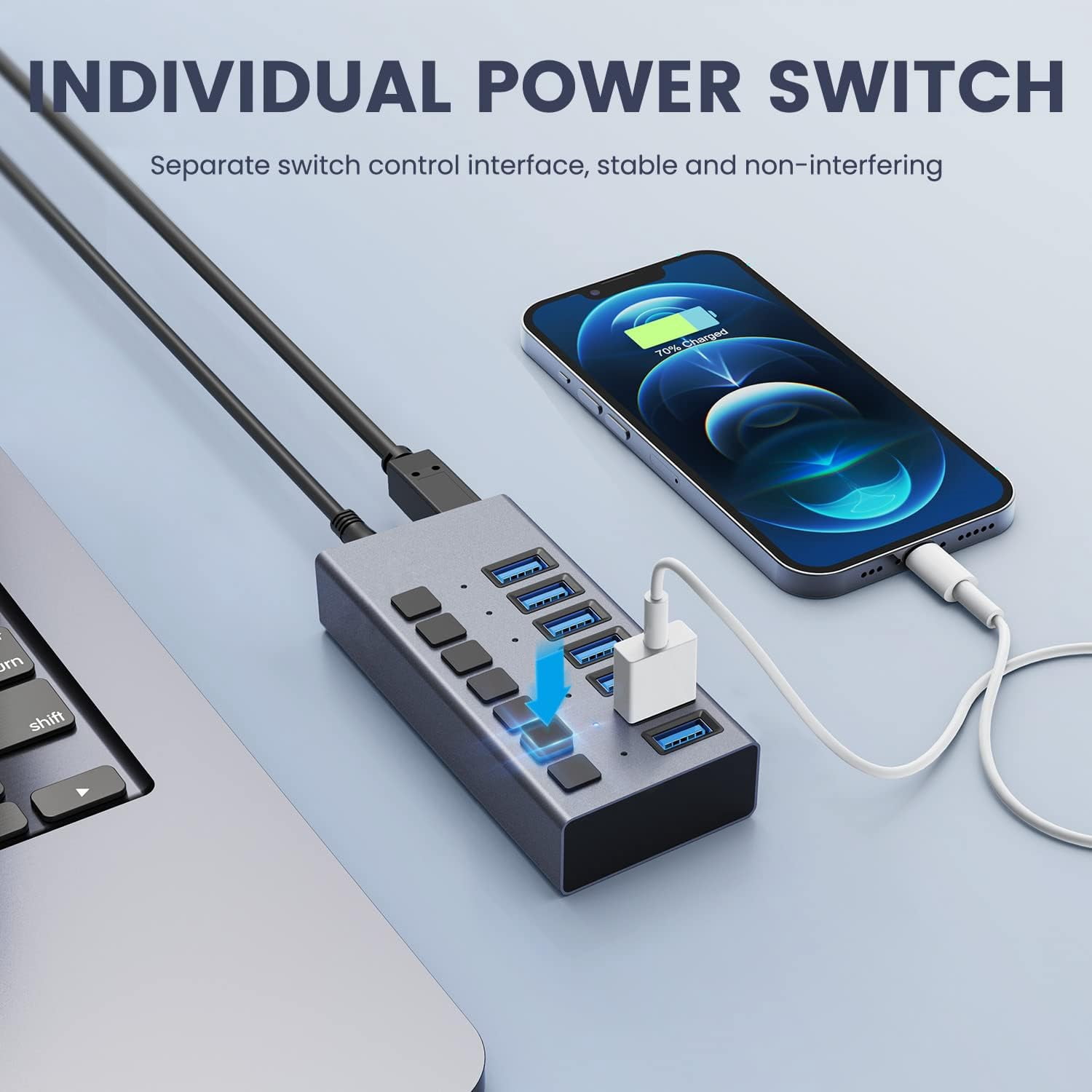 Powered USB Hub -  7 Ports 36W USB 3.0 Data Port & Charge Port, Aluminum Housing, Individual On/Off Switches, 12V/3A Power Adapter, 5Gbps High Speed, USB 3.0 Hub for Laptop, PC, Computer, Mobile HDD