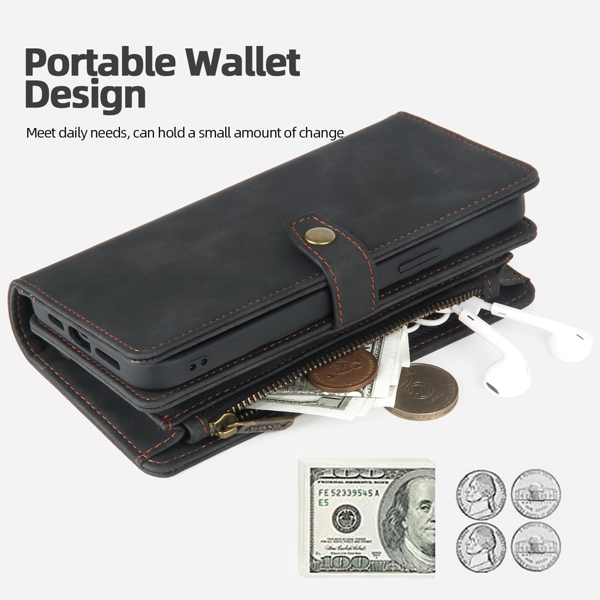 Dteck for iPhone 14 Pro Max Case, iPhone 14 Pro Max Case Wallet for Women Men, Durable PU Leather Magnetic Flip Lanyard Strap Wristlet Zipper Card Holder Phone Cases for iPhone 14 Pro Max,Black