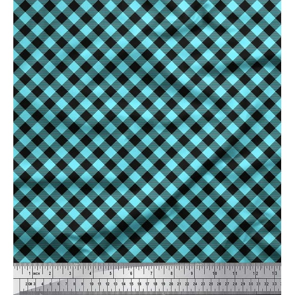 Soimoi Blue Cotton Duck Fabric Diagonal Check Print Fabric by the Yard 42 Inch Wide