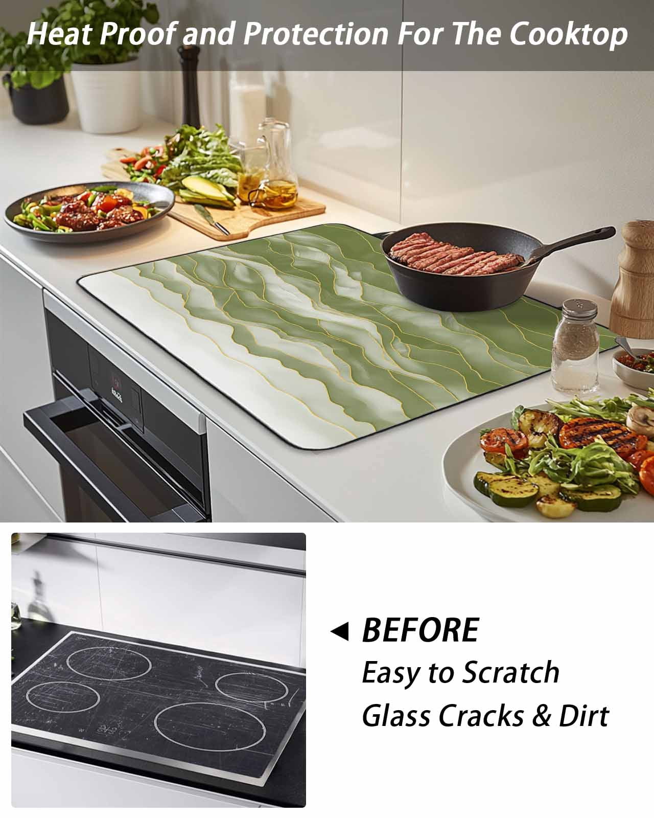 Stove Top Covers for Electric Stove, Sage Green Ombre Glass Stovetop Cover Protector, Modern Moire Abstract Art Luxury Induction Cooktop Protector Oven Mat for Kitchen Countertop 36"x21"