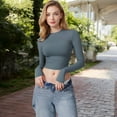 thumbnail image 4 of Women's Long Sleeve Cropped Crew Neck Top - Medium, Blue, 4 of 7