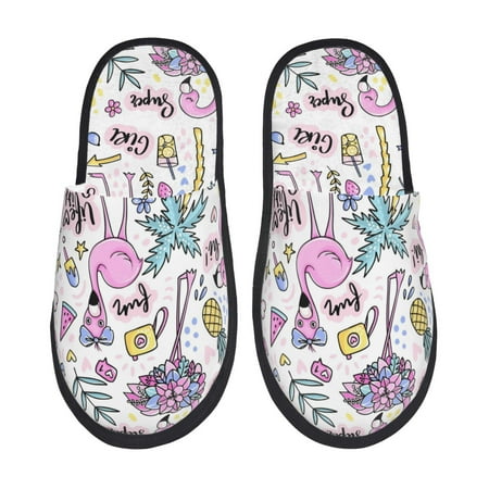 Balery Summer with Flamingo Slient Indoor Furry Fleece Comfort House Shoes Soft Non-Slip Home Shoes Cotton slippers House Slippers-- Large