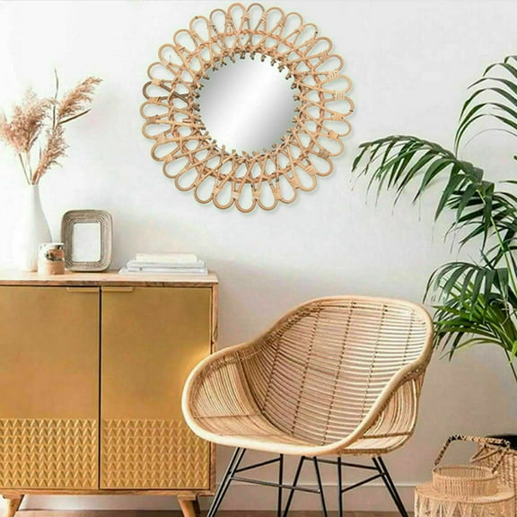 Fichiouy 15.75" Vintage Mirror Handwoven Round Natural Rattan Wall Hanging Mirror for Home Decor