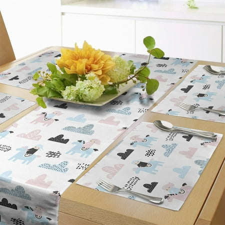 

Cartoon Table Runner & Placemats Little Girl on Pony Along Clouds Mountains Sky Raindrops Doodle Theme Set for Dining Table Decor Placemat 4 pcs + Runner 12 x72 Pale Blue Rose White by Ambesonne