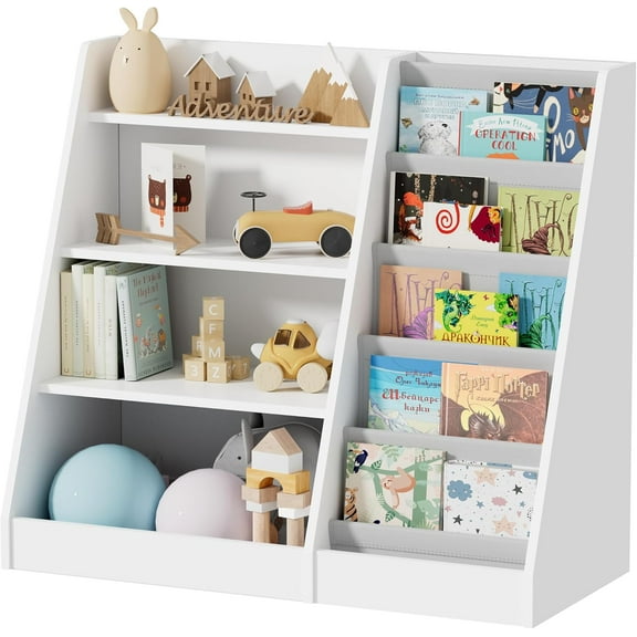 Kids Bookshelf and Toy Storage, 4 Tier Wooden Kids Bookcase with 5 Layer Sling Book Shelf for Kids Rooms, Classroom, Bedroom, Nursery Bookshelf for Baby, Children, Toddler