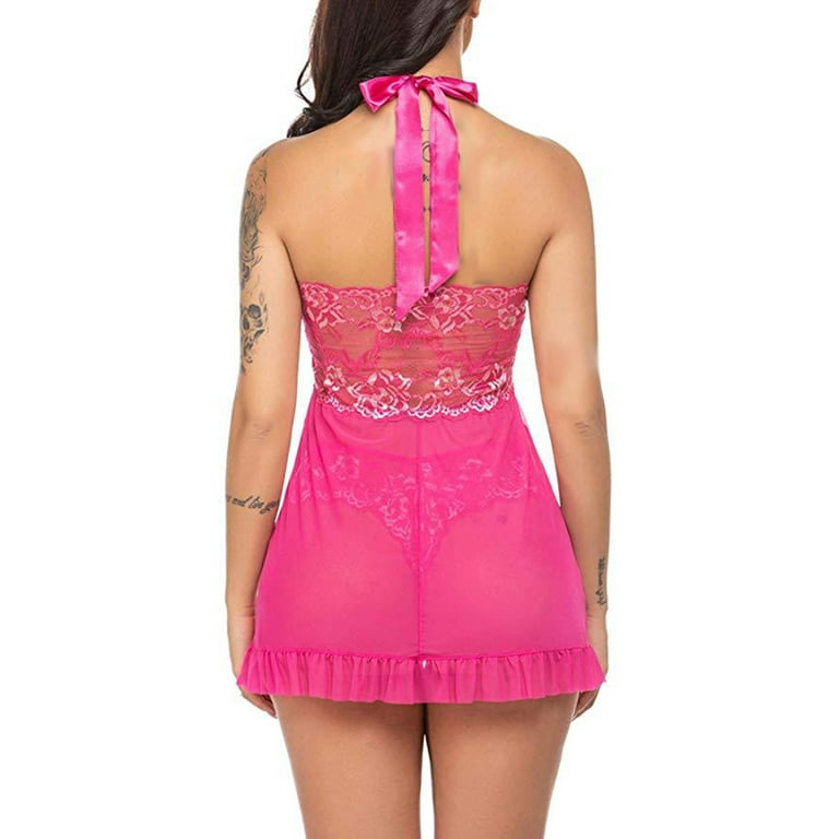 HAPIMO Sales Women's Lingerie Lace Cozy Babydoll See Through Mesh Plus Size  Strap Chemise Halter Pleat Swing Nightwear Nightgown Hot Pink M 