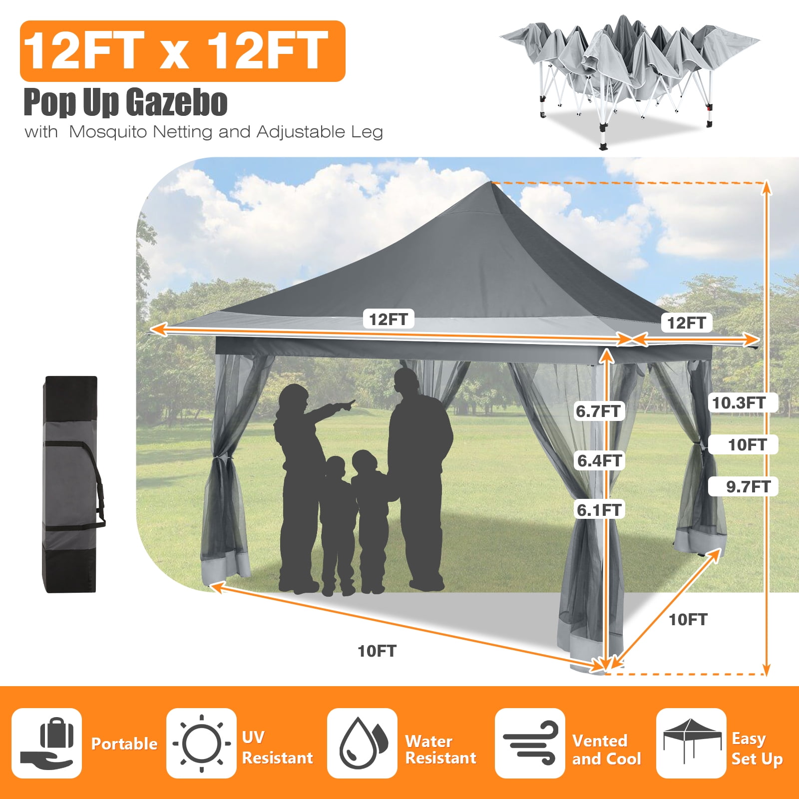 COBIZI 12'x12' Gazebo Tent Outdoor Pop up Gazebo Canopy Shelter with Mosquito Netting, Dark Gray