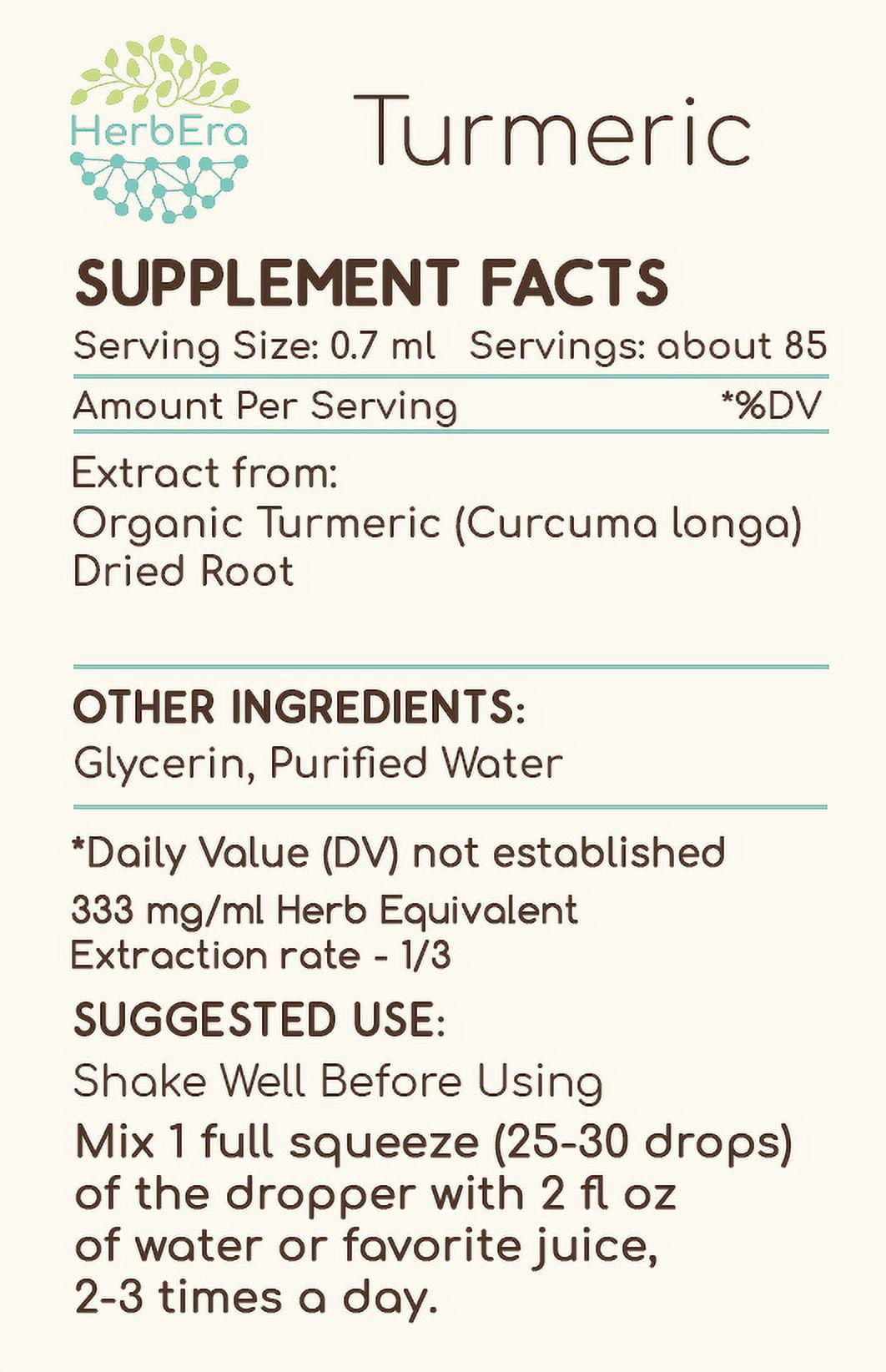 HerbEra Turmeric Tincture, Herbal Dietary Supplement for Joint Support, Turmeric (Curcuma longa) Dried Root Extract, Natural, Alcohol-Free, Drops 2 oz