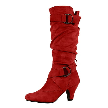 

Lovskoo 2024 Women s Knee High Boots Faux Suede Round Toe Middle Chunky Stacked Heel Belt Buckle Solid Color Winter Boots Red