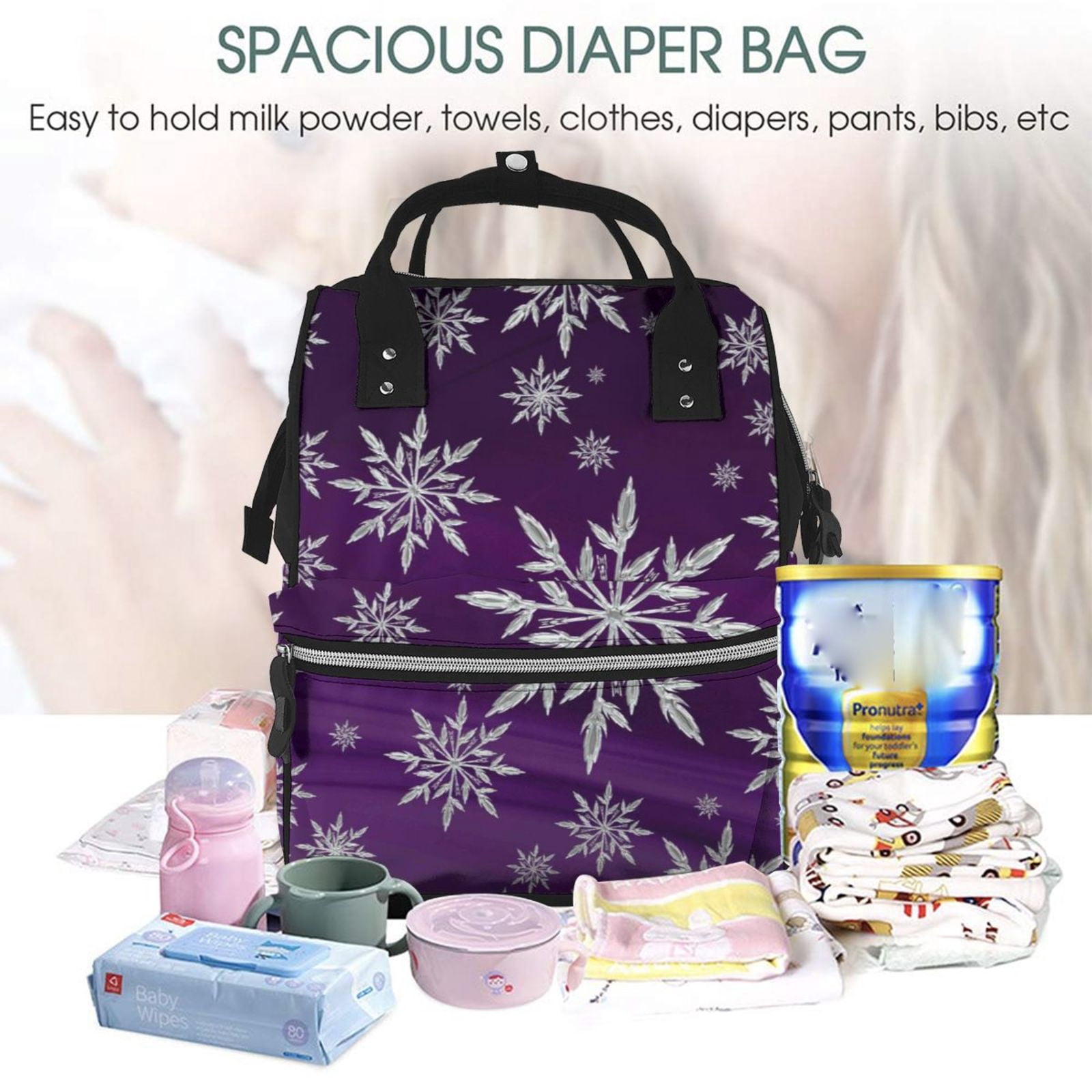 Ratiio Snowflake Gradient Purple Mummy Backpack - Waterproof Twill Canvas, Large Capacity Diaper Bag with Multiple Pockets and Adjustable Straps