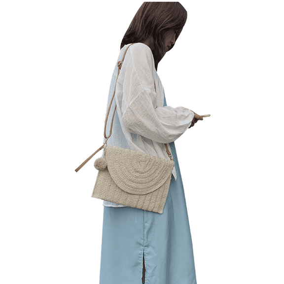 Inevnen Women Lady Straw Shoulder Bag Hand-woven PomPom Crossbody Bag Beach Envelope Purse Wallet