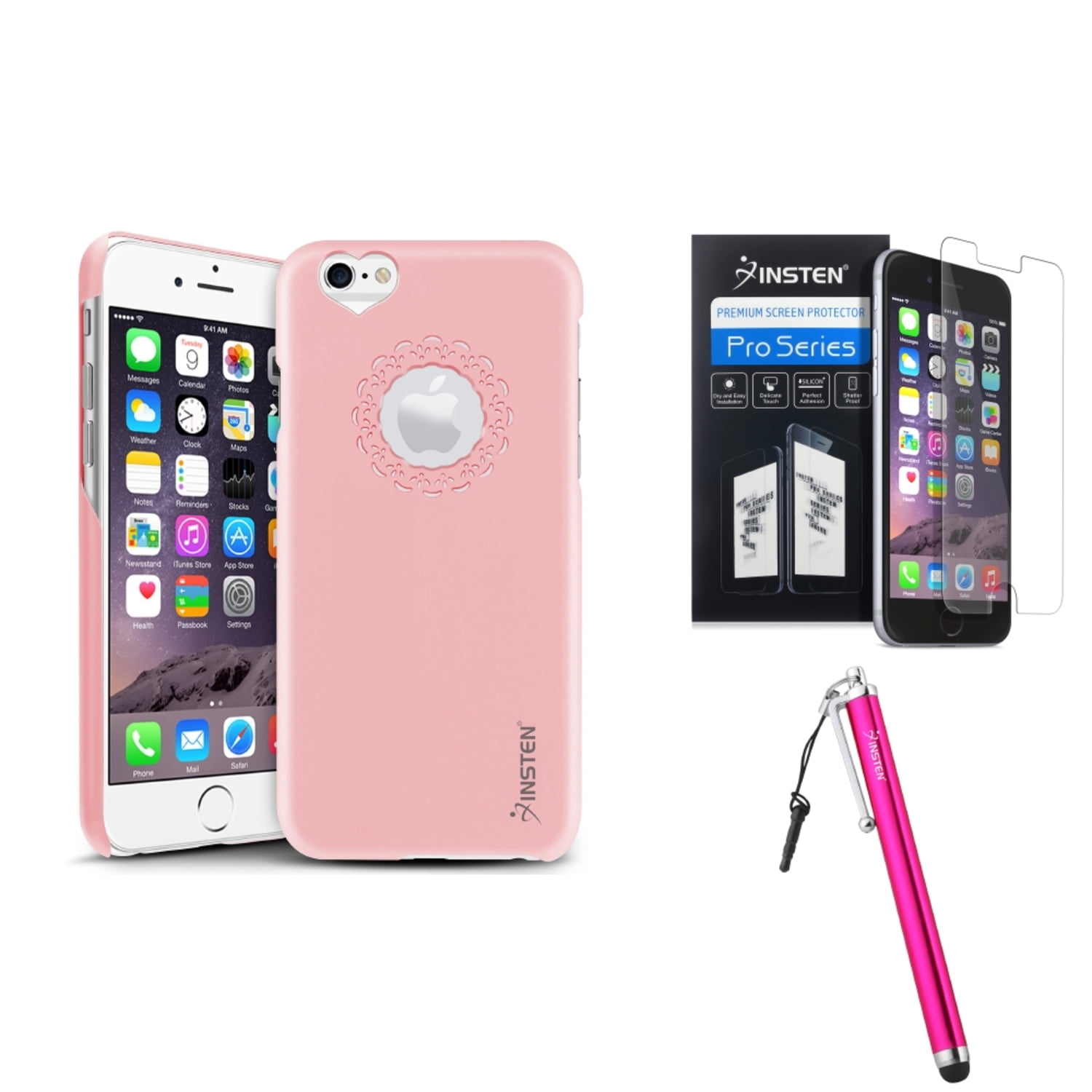 Insten Light Pink Sweet Heart Hard case+Touch Stylus+Clear Protector For Apple iPhone 6S 6 4.7" (3-in-1 Accessory Bundle)