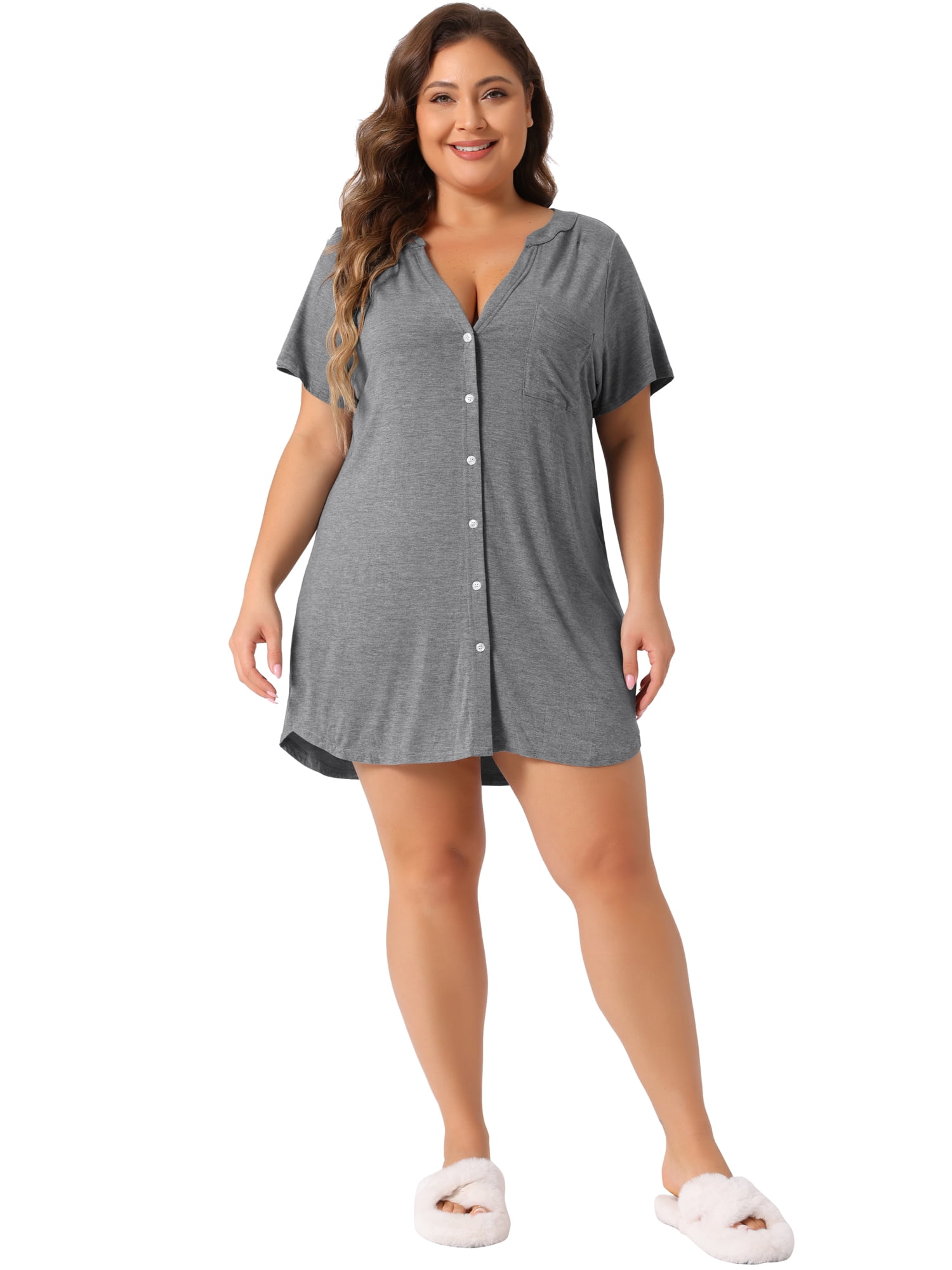 DARING DIVA Women's Plus Soft Short Sleeve Soft Button Down Nightgown 2X Gray