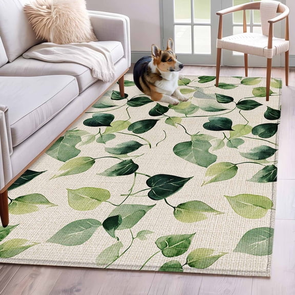 Green Leaves Area Rug 3x5 Washable Rug Non Slip Spring Watercolor Abstract Plants Large Area Rug Indoor Floor Carpet for Entryway Bedroom Kitchen Living Room Home Office Dining Room Nursery