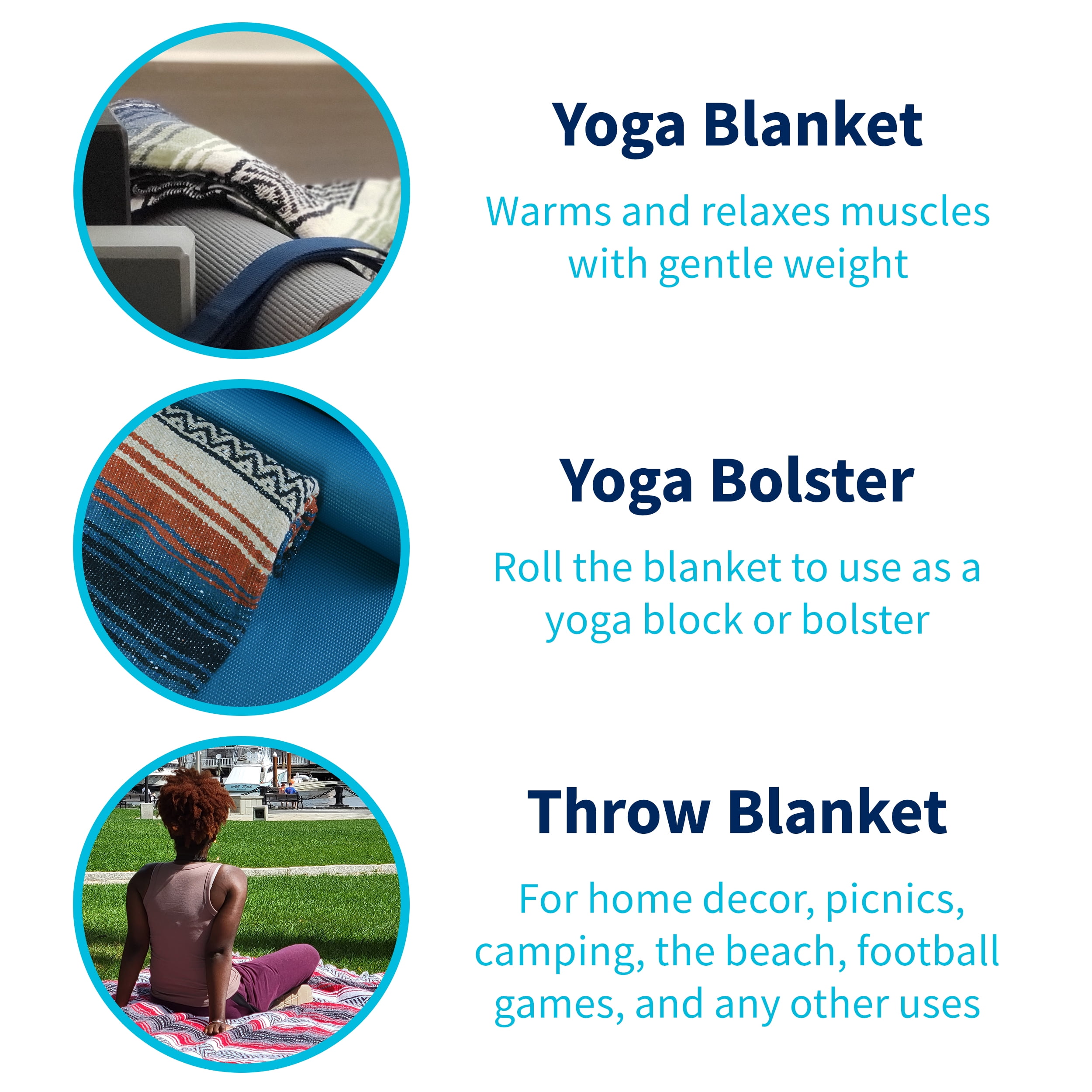 La Montana 4 Pack Mexican Blankets, 74" x 50" Yoga Blankets, Forest Green/Charcoal/White