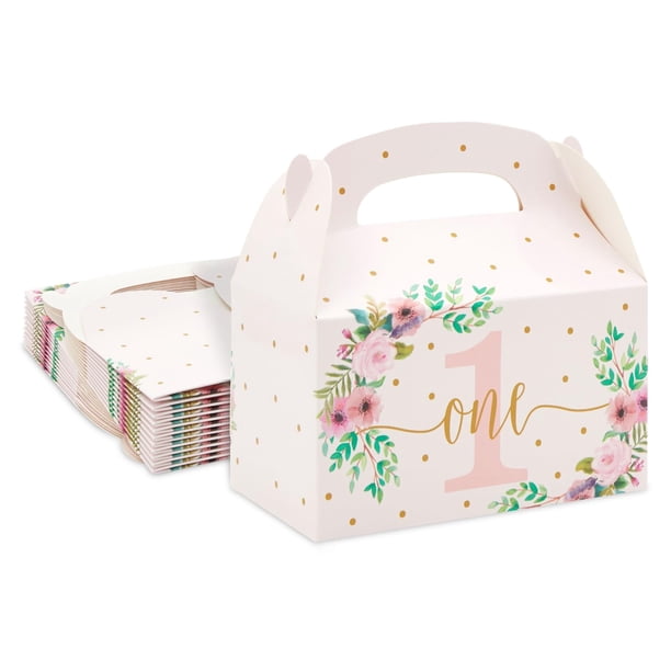 Blue Panda Paquete De 24 Cajas De Regalo Florales Rosas Para Regalos De Fiesta De Primer Cumpleaños - Caja Goodie Gable (6,2 X 3,6 X 3,3 Pulgadas) - Cajas De Dulces Para El Primer Cumpleaños Para Niña