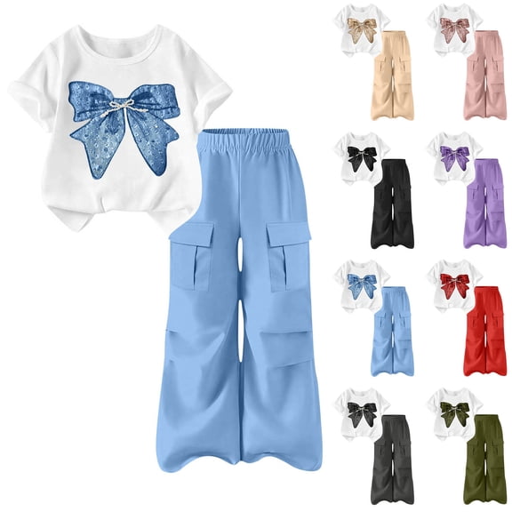 BXJX Girls Summer Outfit Sets Size 10-12 T, 2PC Short Sleeve Casual Crew Neck T-Shirts and Cargo Pants Sets Blue
