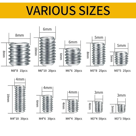 GHRTGR-300 Pcs Stainless Steel Socket Head Screws Assortment Kit, Allen Head Socket Hex Head Screws, Metric M3 M4 M5 M6 M8 Grub Screws Set for Door Handles, Light Fixture