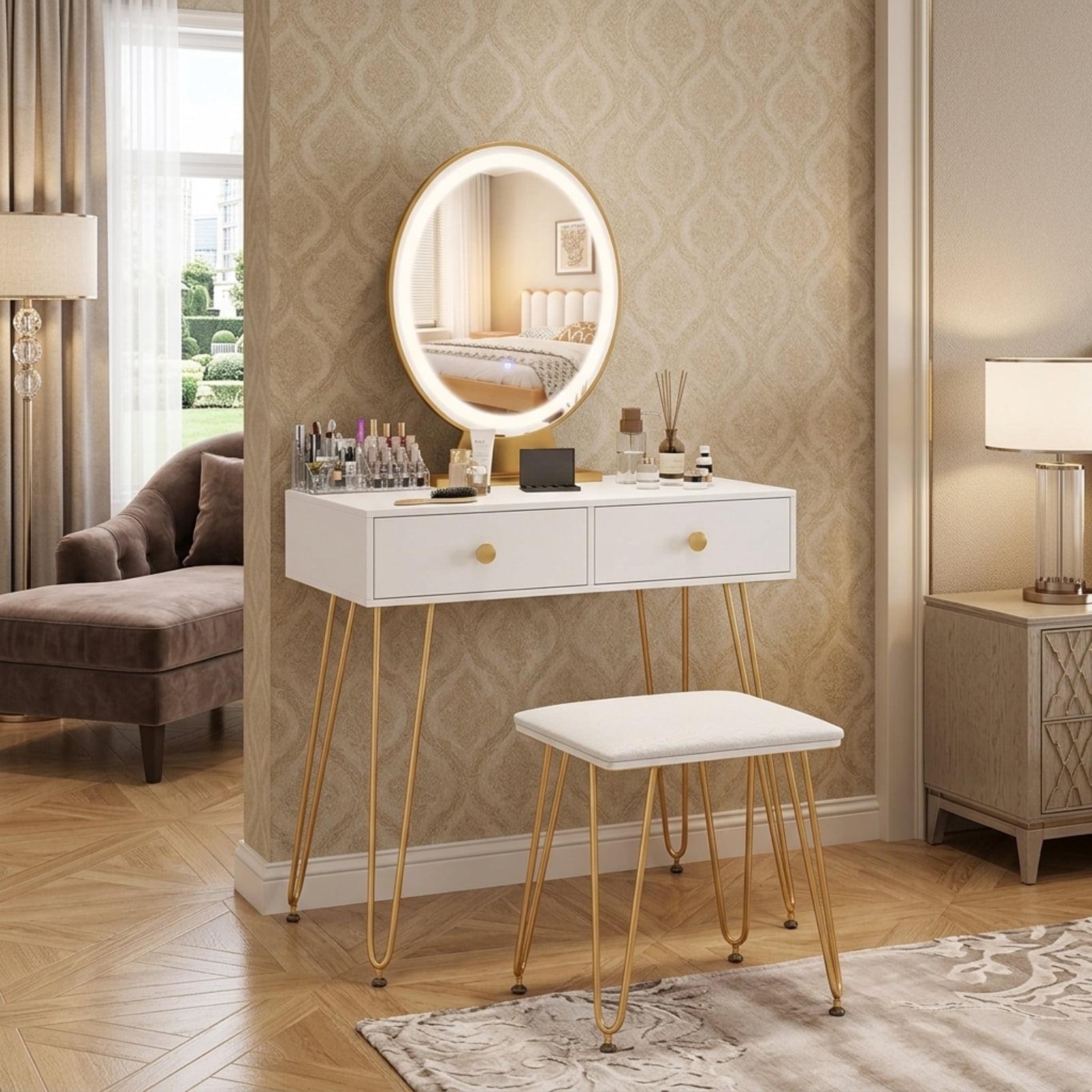 Furnibear Industrial Makeup Dressing Table with 3 Lighting Modes for Bedroom Makeup Dressing Room Vanity Desk Mirror Set, White