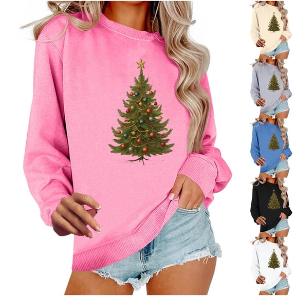 Maplenight Women's Christmas Sweatshirt Xmas Graphic Printed Crew Neck Pullover Sweatshirts Holiday Vacation Long Sleeve Shirts