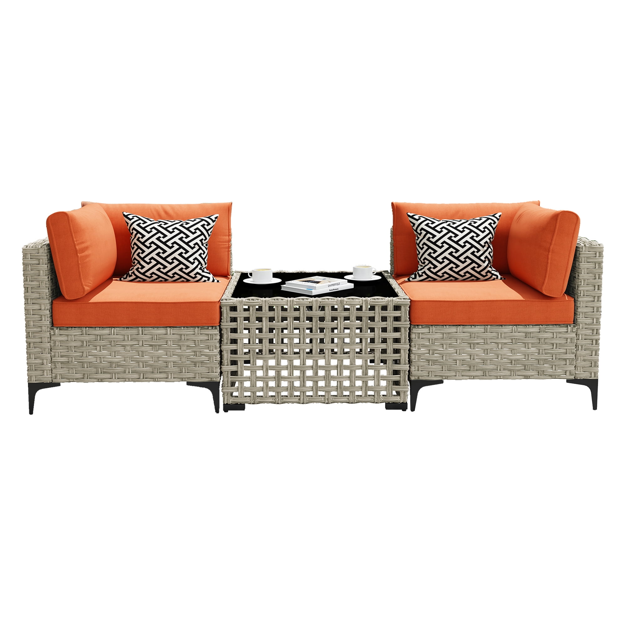 Ovios 3 Pieces Outdoor Patio Sectional Furniture Cushioned PE Rattan Wicker Chairs Conversation Set with Solar Lamps Coffee Table for Backyard