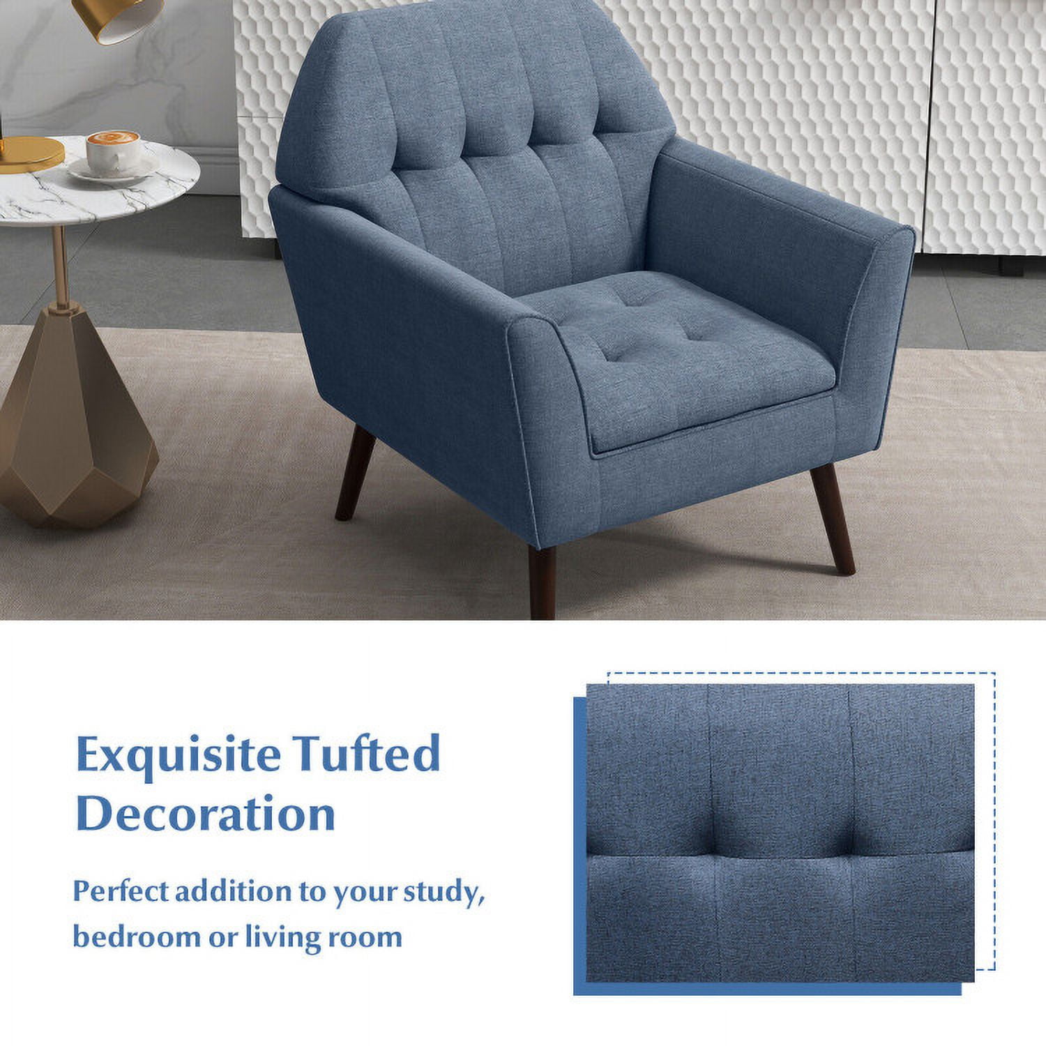 Finihen Upholstered Accent Armchair, Modern Tufted Fabric Accent Chair with Rubber Wood Legs, for Living Room, Bedroom, Blue