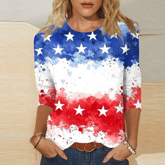 Vetsdori Womens American Flag T Shirts Fourth of July Summer Pullover Graphic 3/4 Sleeve Plus Size Independence Day Casual,Red White and Blue Tops for Junior Crew Neck