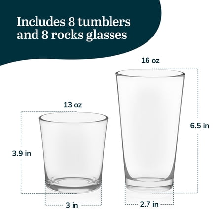 Libbey Preston Tumbler and Rocks Glass Cups Set, All Purpose Everyday Drinking Glasses Set of 16, Glassware Drinking Glasses for Birthdays, Dinners (missing 1)