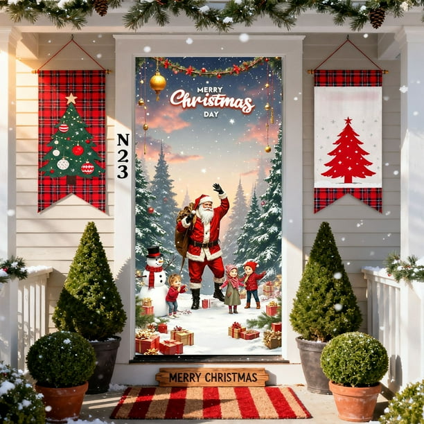 Cortina Navideña de Poliéster de 35 X 72 Pulgadas con Diseño de Papá Noel | Decoración Navideña Duradera para Puertas, Paredes y Mesas | Fácil de Instalar para Fiestas Navideñas