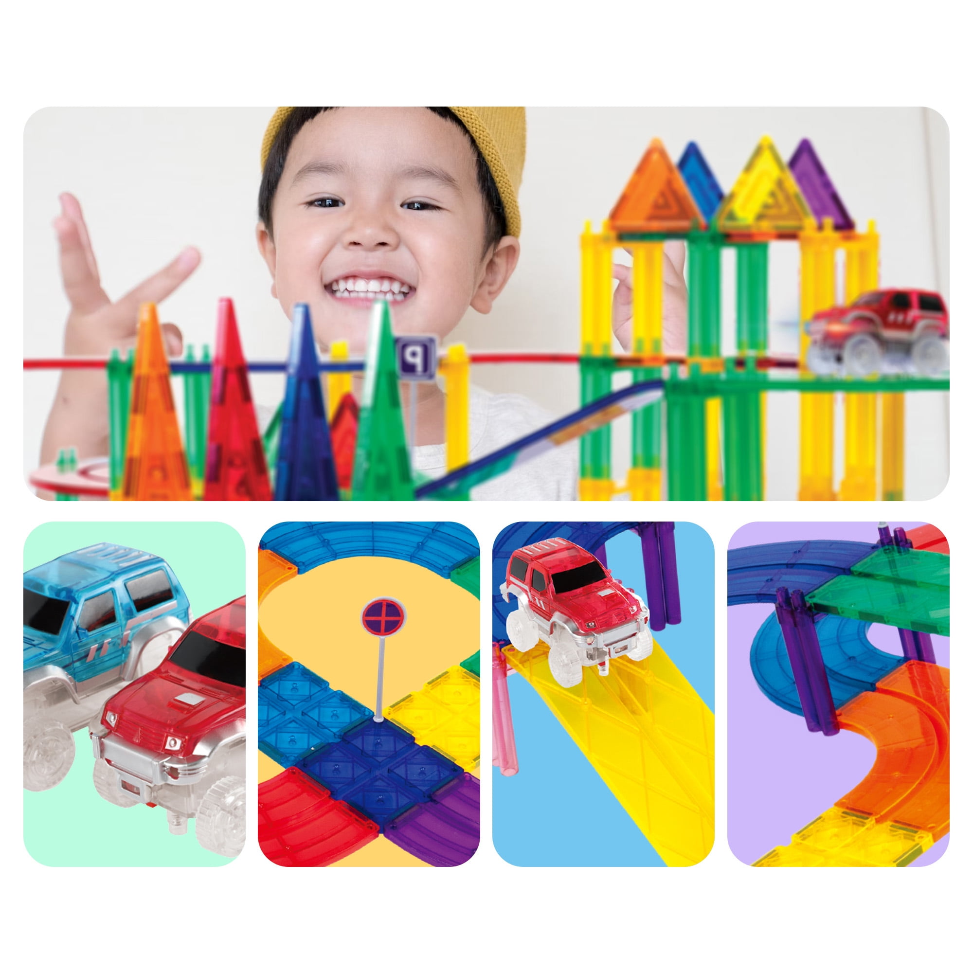 PicassoTiles Race Track Magnetic Tiles for Kids with 2 Racing Cars – 100PCS STEM Construction Building Blocks Educational Toy Set