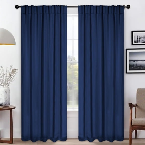TRAHOO-Blackout Curtains, Room Darkening, Bedroom, Drapes, Kitchen, Living Room Window Accents, Sun Blocking, Thermal, 2 Pack, Solid Blackout Back Tab Curtains, Set of 2, 52" x 96", Navy Blue