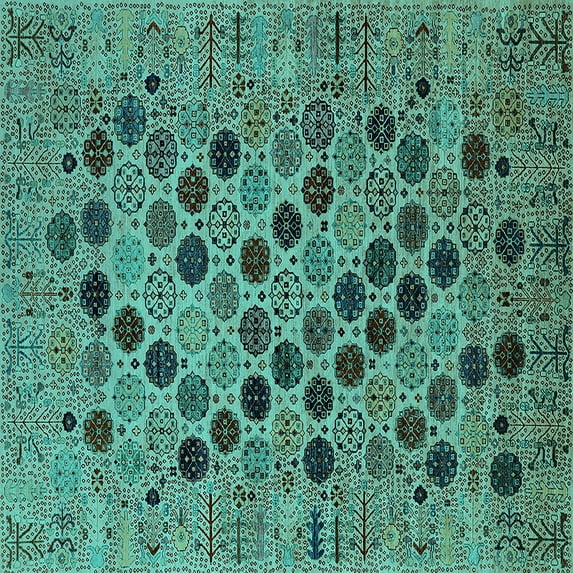 Ahgly Company Machine Washable Indoor Square Oriental Turquoise Blue Industrial Area Rugs, 6' Square