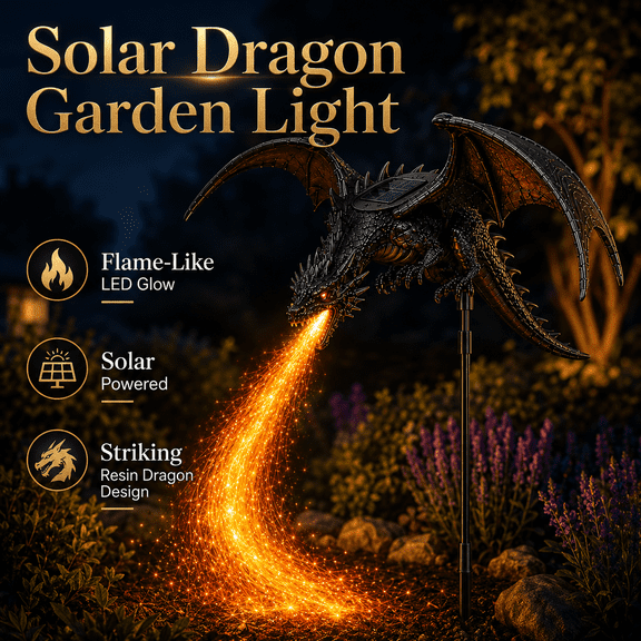 Solar Dragon Fire Garden Light, Solar Dragon Fire Garden Stake Light, Solars Powered Dragons Figurine with Breathing Flame Fiber Optic Lights Decor for Lawn, Pathway, Flower Bed, Patio & Yard