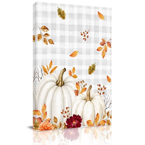 Canvas Wall Art, White Pumpkin Fall Framed Canvas Prints for Bathroom Hallway, Thanksgiving Leaves Checkered Autumn Small Gallery Wrapped Wall Decor for Home Office, Gifts, 8"x10" Ship Next Day