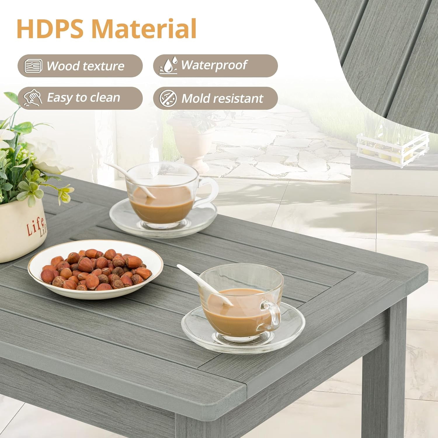 LUE BONA Outdoor Coffee Table Rectangle, HDPS Patio Tables for Outside, 17.7"x 35"x17.7", Light Gray