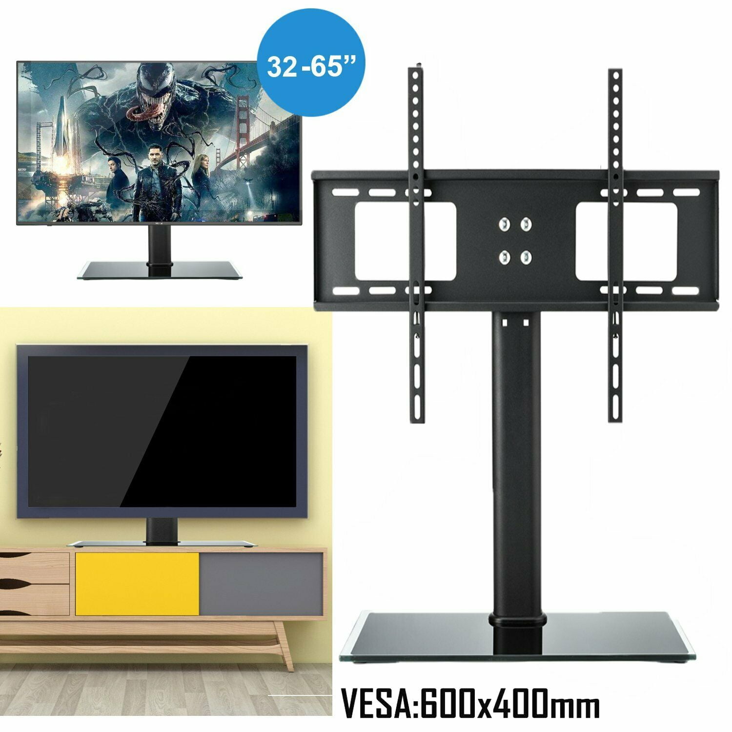 Holds up to 60kgs Universal Table Top TV Stand Base VESA Pedestal Mount for 27 inch to 55 inch TVs with Cable Management and Height Adjustable 