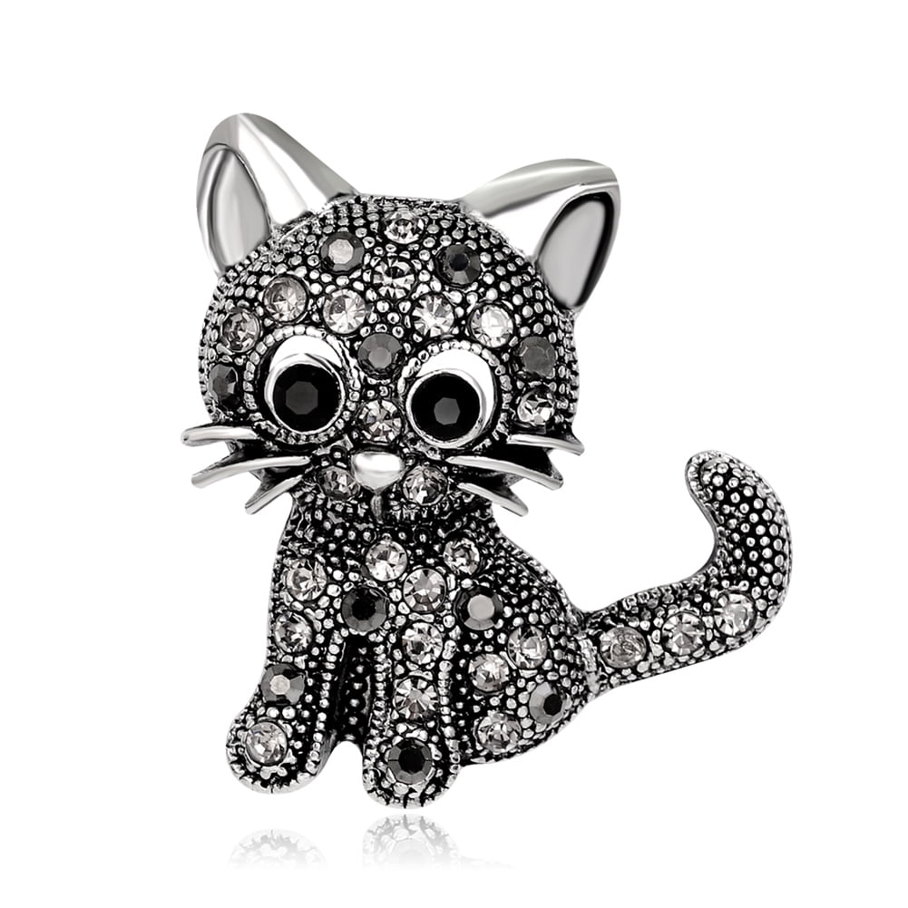 Cat Kitten Diamante Rhinestone Brooch Pin & Velvet Bag 