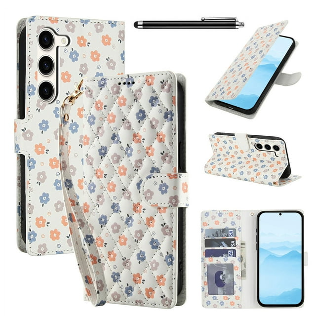 Wallet Case for Samsung Galaxy S23 Plus, PU Leather Phone Cover Kickstand RFID Blocking Flip Case Card Slots Wrist Strap Relief Engraved Pattern Magnetic With Stylus Pen, Colorful Flower