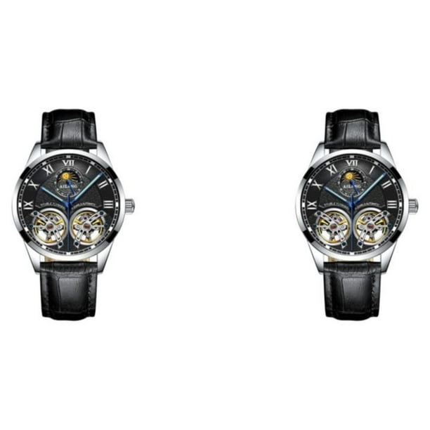 Qarigey Reloj Mecánico para hombre, correa de cuero elegante, fácil de combinar, reloj de luminoso de negocios ajustable, tipo de tipo 4 2piezas