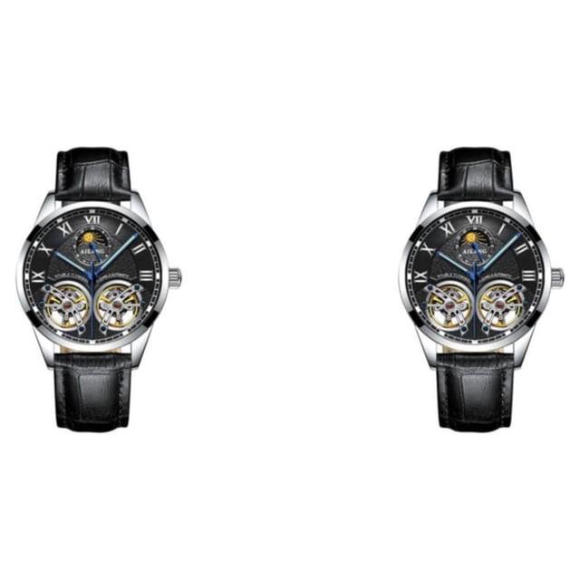 Qarigey Reloj Mecánico para hombre, correa de cuero elegante, fácil de combinar, reloj de luminoso de negocios ajustable, tipo de tipo 4 2piezas