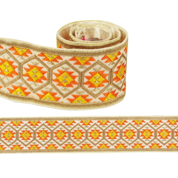 IBA Indianbeautifulart Golden Zari With Orange, Yellow & Brown Thread Dupion Trimming for Sewing 1 Inch Wide DIY Craft by 3 Yard Border Lace Tape Trim